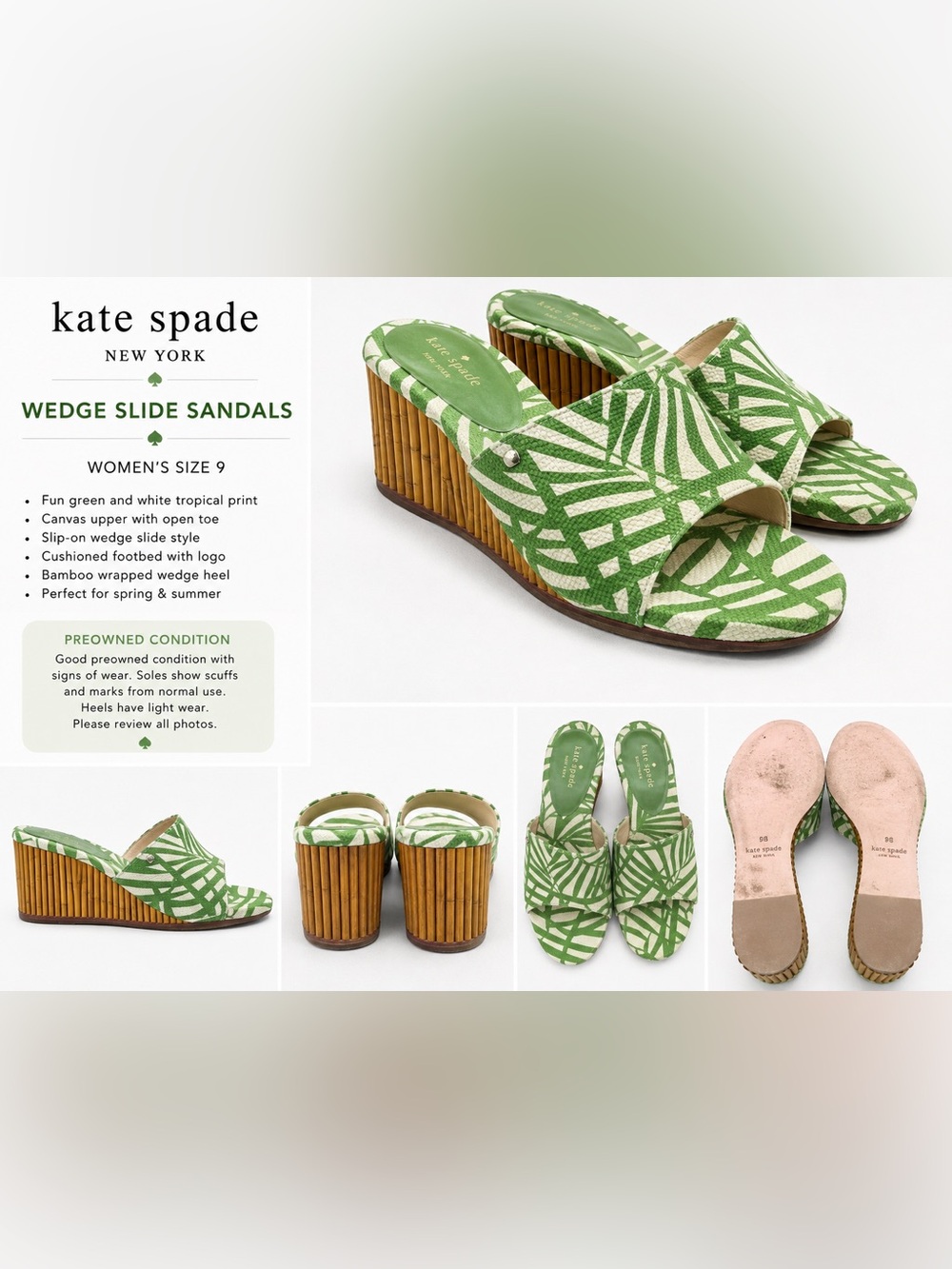 Kate Spade Meena Palm Green Canvas Bamboo Wedge Sandals Size 9 - Picture 3 of 17